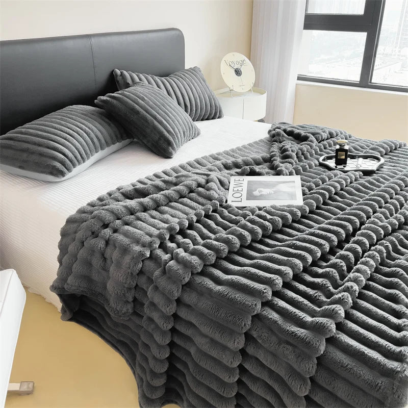 Luxury Faux Fur Velvet Striped Blanket